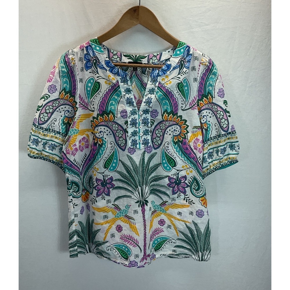Talbots Women Short Sleeve Top Colorful Paisley V Neck Cotton Spring Beach Sz M